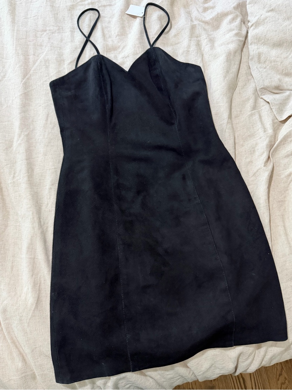 Vintage 100 % Suede Leather Black Spaghetti Strap Mini Dress 40 euro (read)